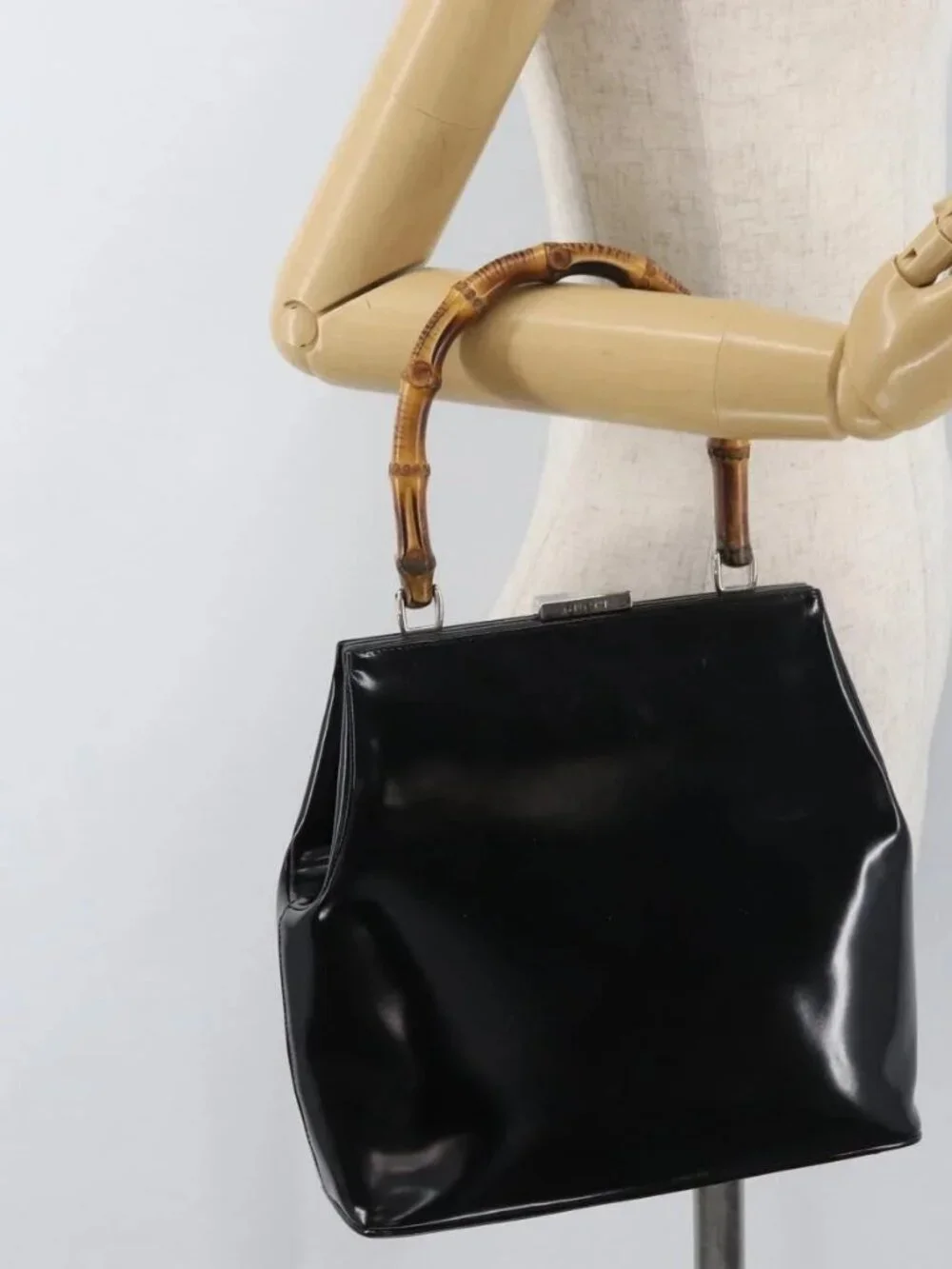 GUCCI Bamboo Hand Bag Enamel Black Silver 000 781 0295 Auth 176588